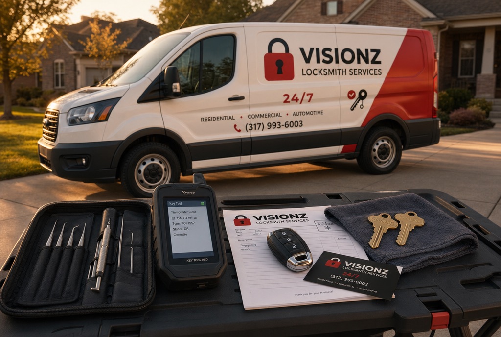 Visionz Locksmith technician with branded van, keys, and tools