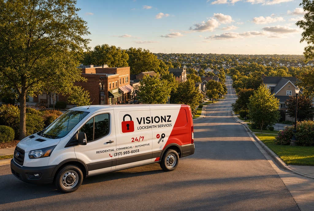 Isometric illustration of Visionz Locksmith van arriving in a neighborhood — why local matters