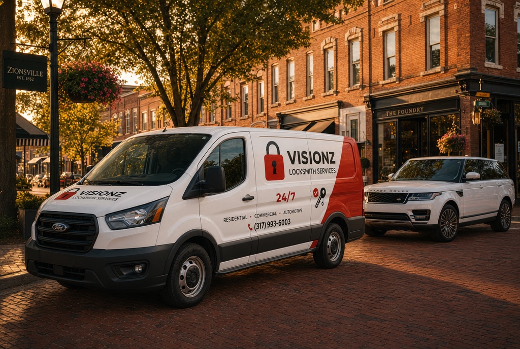 Visionz Locksmith van on Old Town Zionsville red brick Main Street