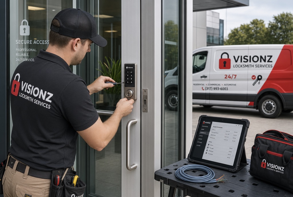 Visionz commercial locksmith service — keypad access control installation