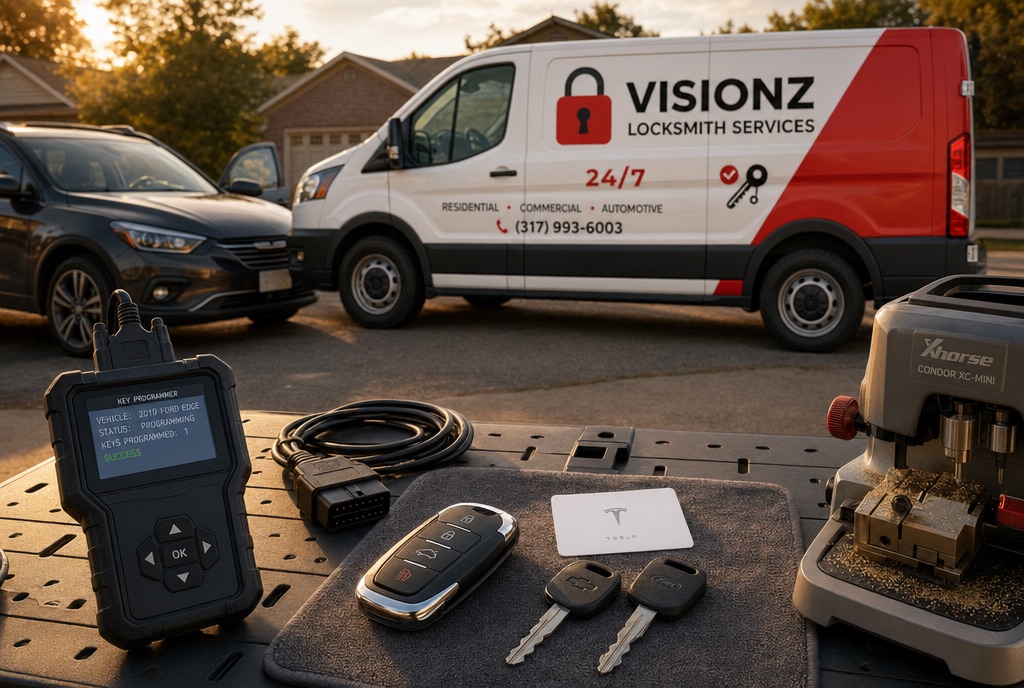 Visionz Locksmith technician performing an auto lockout with 24/7 emergency assistance