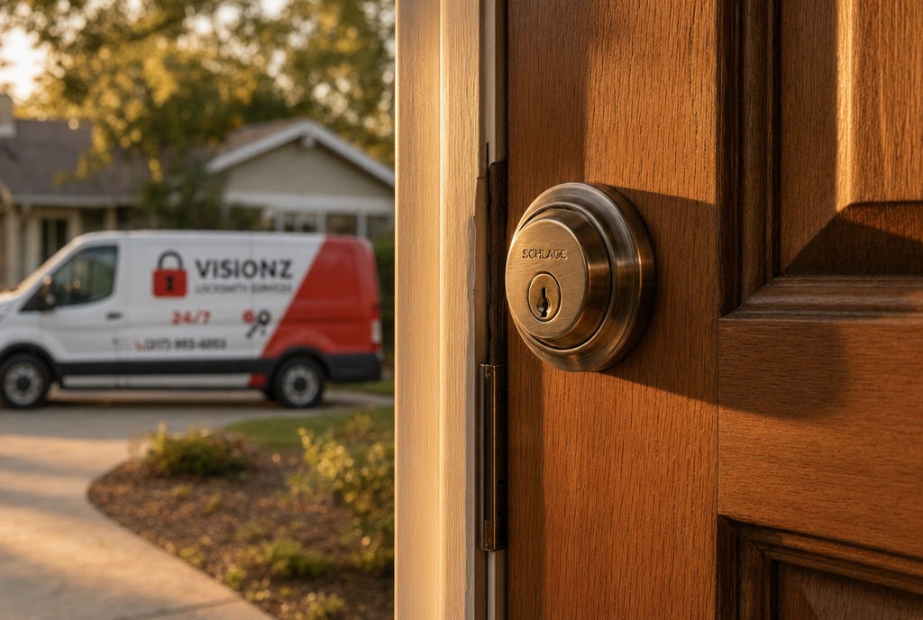 Visionz residential locksmith service — mobile rekey on a home front door